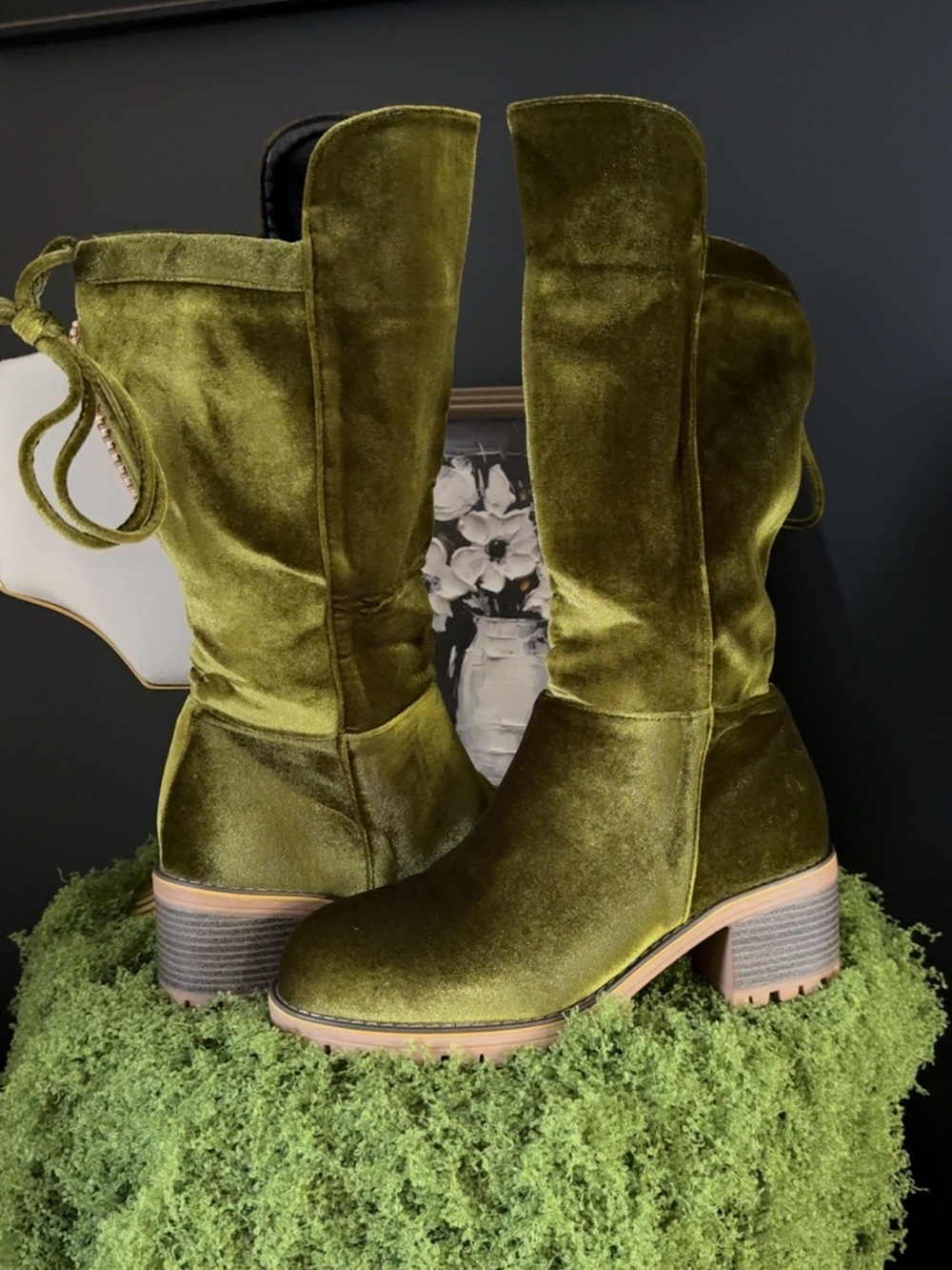 Olive Green Velvet Mid-Calf Block Heel Boots